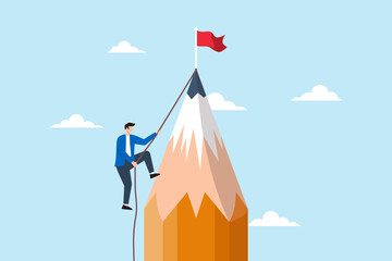 Young creative man climbing pencil mountain, aiming to reach winning flag at peak. Concept of challenges to achieve goals, win in business, creativity, motivation, and inspiration to reach targets