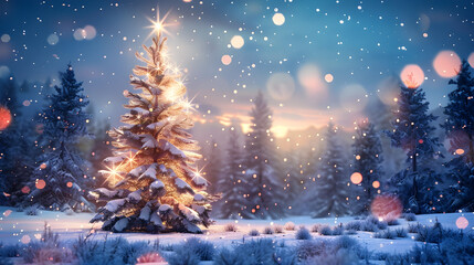 Fantastic winter landscape with a Christmas tree and snow, perfect for Christmas backgrounds or holiday-themed designs.