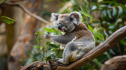 Naklejka premium Close up on koala bear sitting on eucalyptus tree.
