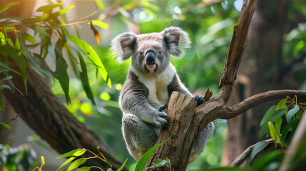 Naklejka premium Close up on koala bear sitting on eucalyptus tree.