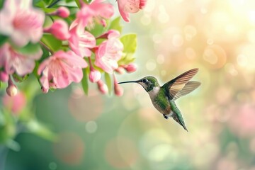 Fototapeta premium Hummingbird hanging in the air near the flower on blurred background