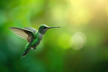 Fototapeta premium Hummingbird hanging in the air on blurred green background