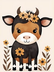 Floral Cute Baby Cow Nursery Generative AI Illustration Of