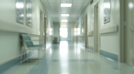 Empty hospital corridor with blurred focus. Modern healthcare facility interior. Hospital and healthcare concept for design and poster