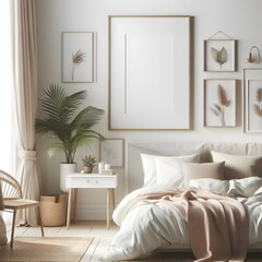 Mock up frame in cozy home interior background, coastal style bedroom, 3d render. Generative AI