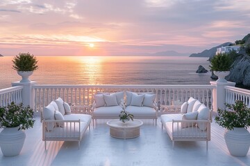 Fototapeta na wymiar a luxurious seaside terrace at sunset, featuring elegant white furniture