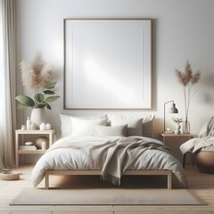 Mock up frame in cozy home interior background, coastal style bedroom, 3d render. Generative AI