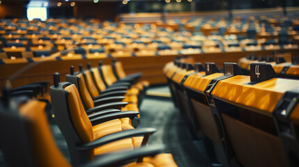 Empty chairs in the conference room of the European Parliament, waiting for MEPs.