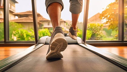 Male feet in sneakers running on the treadmill at the gym. Exercise concept., legs of person...