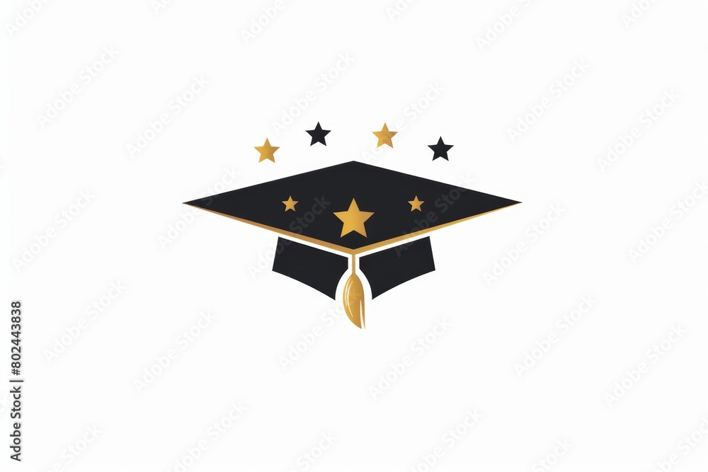Wall mural logo, graphic design of an elegant graduation cap with stars, simple minimalistic logo, white background, black and gold color palette Generative AI - Wall murals