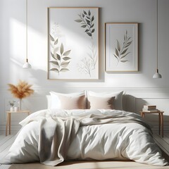 Mock up frame in cozy home interior background, coastal style bedroom, 3d render. Generative AI