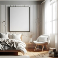 Mock up frame in cozy home interior background, coastal style bedroom, 3d render. Generative AI