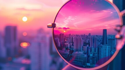 Witness the captivating sunset hues of a cityscape through the tinted lens of sunglasses. Elevate your urban photography game with this concept