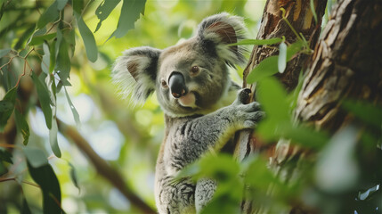 Obraz premium Close up on koala bear sitting on eucalyptus tree.