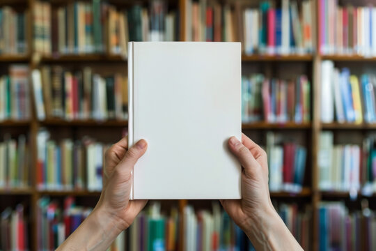 Hands holding a blank book in a library setting