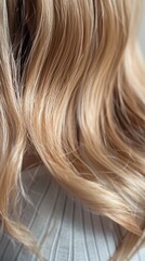 Blonde hair waves close-up on striped background. Detailed texture shot for fashion design and print
