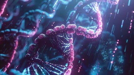 Immerse yourself in the captivating world of science and technology with a digital illustration showcasing a DNA helix illuminated by vibrant blue and pink lights