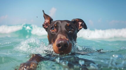 Brown Doberman swimming in turquoise waters, capturing dynamic water movement and vivid animal portrait ideal for nature and pet-themed content