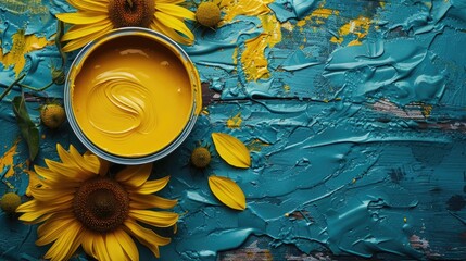 Overhead View of Mustard Yellow Paint Can with Sunflowers