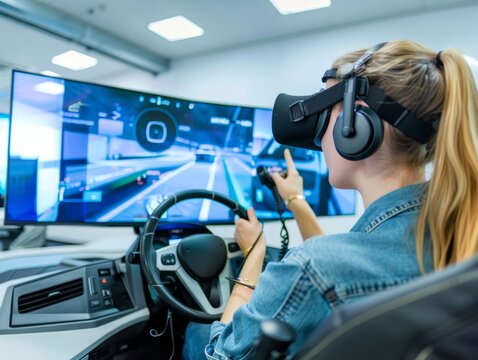 Virtual reality driving test. woman in simulator controls car with steering wheel in classroom. 