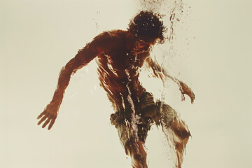 Portrait of handsome young man jumped into water. Minimalistic style