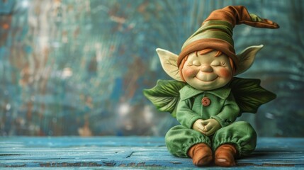 children's soft original small funny toy elf in a green suit and a brown cap with green wings on the back sits on a blue wooden table