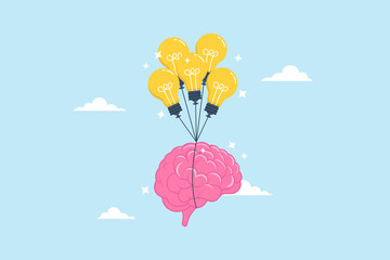 Smart human brain flying alongside lightbulb idea balloons, illustrating creativity and intelligence in achieving success. Concept of ability to apply knowledge, wisdom, innovate and imagination