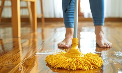 A woman washes a wooden floor with a mop. House cleaning concept.