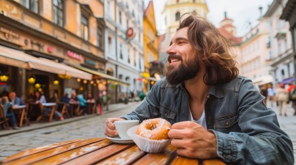 Young bearded man traveler enjoying warm cocoa with sweet soft donut at table of street cafe while walking around city on spring day..