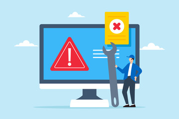 Technician holding wrench while fix system failure or errors message on computer. Concept of software problems, hardware faults, caution and maintenance to resolve security alerts