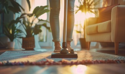 A woman is cleaning a carpet with a vacuum cleaner in a room flooded with sunlight. House cleaning concept.