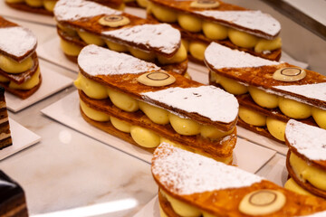 Portion of french mille-feuille cake, vanilla or custard slice, Napoleon puff pastry layered with...
