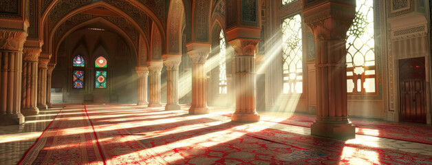 Mosque, hallway and interior for worship in Islam with prayer or building with banner in Dubai. Muslim, religion and faith with Arabic country with respect for spiritual with wallpaper or culture