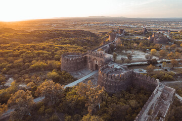 Aerial view of ruins of Rohtas fort Pakistan, The central gate and the walls during sunset.