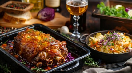 Obraz premium Roast pork knuckle or shank baked with stewed cabbage in baking tray with beer.