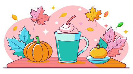 Autumn Delights: Pumpkin Latte Illustration with Fall Leaves Background