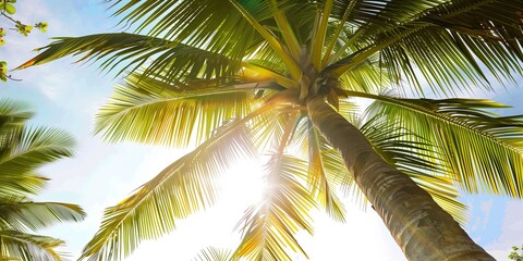 Tranquil Tropical Paradise: Serene Palm Tree Scene. Sunlight gently filters through the dense foliage of a towering