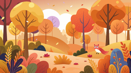 Autumn Landscape with Cute Fox in Colorful Forest Illustration