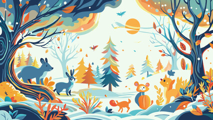 Enchanted Autumn Forest with Playful Wildlife Illustration