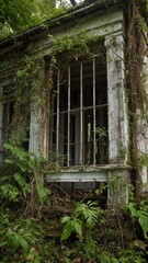 Old, abandoned building stands as testament to time, its structure slowly decaying under relentless march of nature. Vines, plants weave their way through broken windows.