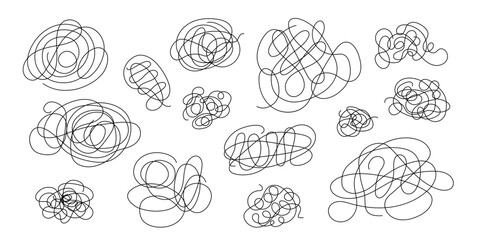 Tangled lines set simple doodle outline hand drawn vector illustration, abstract thin anime scribble element, concept of mental disorder, confusion, linear icon