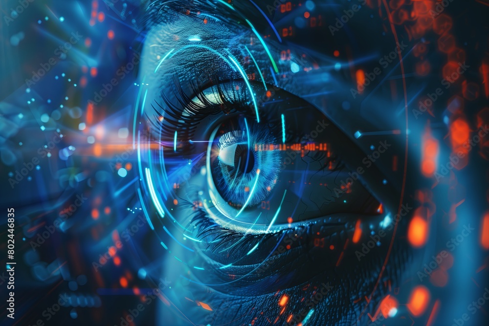 Wall mural hacker or ai robot eye in dark tech space, cyborg vision on digital background. concept of cyber sec