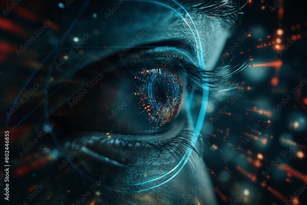 Wall mural hacker or ai robot eye in dark tech space, cyborg vision on digital background. concept of cyber sec
