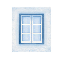 Window with wooden closed-frame as an element of medieval house facade in the center of old European town in monochrome blue and white colors. For patterns, images of facades, stickers, postcards.