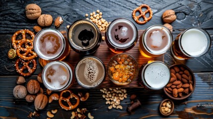 craft beer with a tantalizing array of various types served in glasses, atop a rustic wooden board adorned with salted nuts and pretzels.