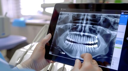 Obraz premium Dental consultation in clinic. Dentist showing teeth x-ray on digital tablet screen. 3D tomography technology.