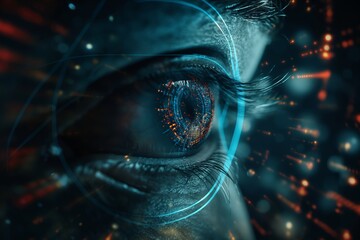 Hacker or AI robot eye in dark tech space, cyborg vision on digital background. Concept of cyber security, technology, future, data, artificial intelligence, hack, network