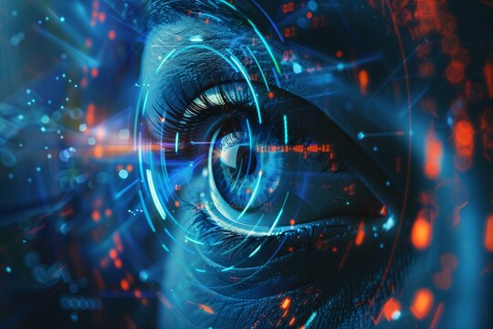 Hacker or AI robot eye in dark tech space, cyborg vision on digital background. Concept of cyber security, technology, future, data, artificial intelligence, hack, network