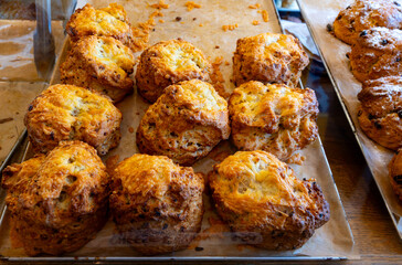 Scones - traditional British baked good, popular in the United Kingdom and Ireland, tea buns make with yeast with different toppings