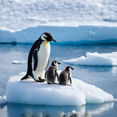 cute penguin family on an ice floe in the ocean